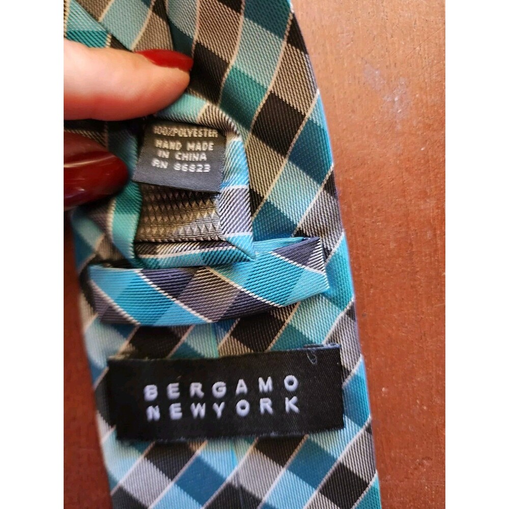 Bergamo New York Mens Neck Tie Geometric Black Blue Checkerboard Classic